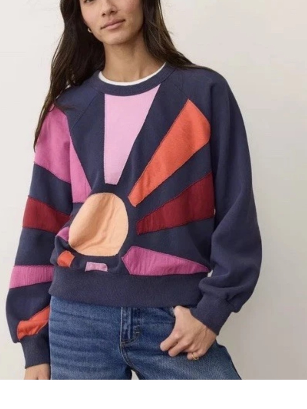 NWT Marine Layer Cloud 9 Fleece Navy Sunburst Sweatshirt XS Sun Applique Top